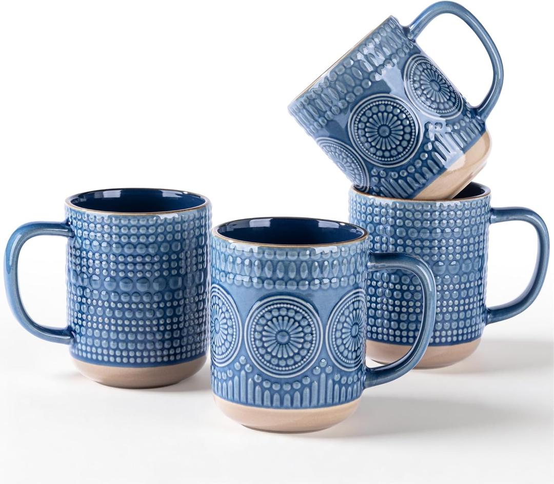 GBhome Large Coffee Mugs Set of 4, 16oz Handmade Stoneware Coffee Mugs Set with Large Handle for Cappuccino/Latte/Tea/Hot Cocoa, Dishwasher & Microwave Safe, Moonlight Blue