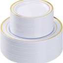 BESTVIP 100PCS Gold Plastic Plate, Disposable Party Plates with 50 Dinner Plates and 50 Dessert Plates, Plastic Plate for Parties, Wedding and Birthday