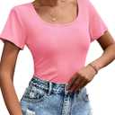 Womens T Shirt Short Sleeve Tshirt Ribbed Basic Tops Tee (Pink)
