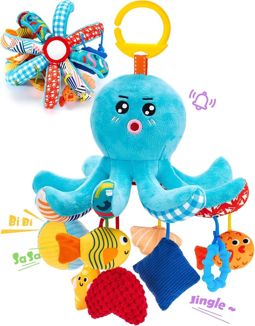 hahaland Baby Toys 0-6 Months - Car Seat Toys Octopus Toy with Pulling Cords, Squeaky, Crinkle, Rattle, Mirror - 3 4 Month Old Toys for Babies Infant Sensory Stroller Carseat Hanging Toy for Baby Gym