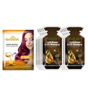 Herbishh Hair Color Shampoo 10 Sachet +1 Argan Hair Mask Pouch | 3 in 1 Hair Dye | PPD Free | Easy to Use | Gray Coverage | Travel Size | | (Light Brown)