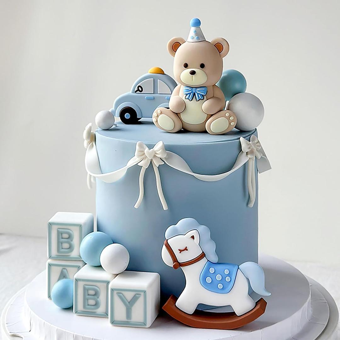 JeVenis Blue Bear Cake Decoration With Gold Balls Topper for Baby Shower and Birthday