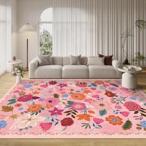 Washable Boho Area Rug 8'10' Hot Pink White Large Living Room Rug Floral Non-Slip Soft Oriental Vintage Color Bedroom Carpet Dining Room Nursery Home Office Indoor Decor