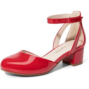 DREAM PAIRS Girls Dress Shoes Closed Toe High Heels Ankle Strap Toddler Little Big Kid Wedding Flower Party Pump, Size 1 Little Kid, Red, KKUMPU2501