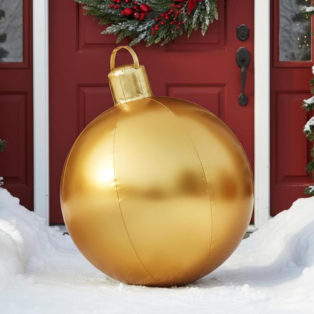 Jetec 4 Pcs 17" Christmas Inflatable Ball Ornament with Glitter Cloth Cover, Large PVC Xmas Blow up Ornaments Holiday Blow Ball for Yard Outdoor Lawn Porch Decorations (Round,Gold)