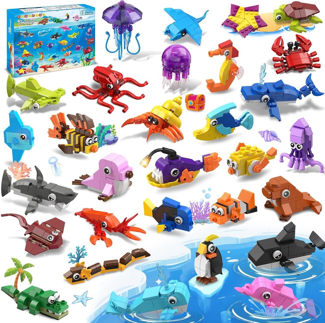 30 Pack Animals Valentines Party Favors For Kids, 824PCS Marine Animal Building Block Sets for Valentines Day Goodie Bags Filler Classroom Prizes Stocking Stuffers Birthday Gifts for Boys Girls 6+