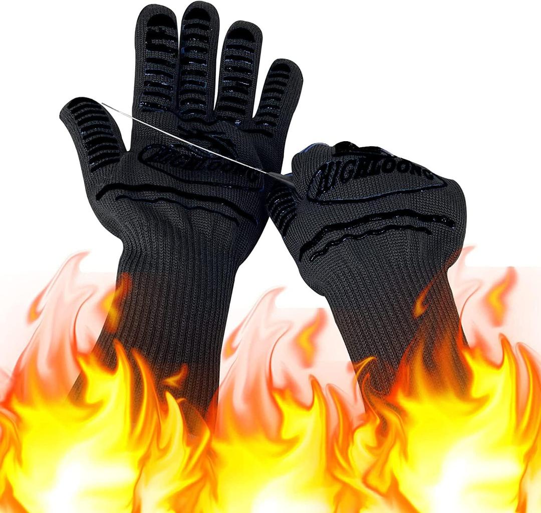 1472F Extreme BBQ Gloves Grill Oven Safety Gloves, Cut Resistant with Non-Slip Silicone for Grilling, Frying, Baking, Fireplace, Cooking (2 Pieces Set) (Black Strips Long)