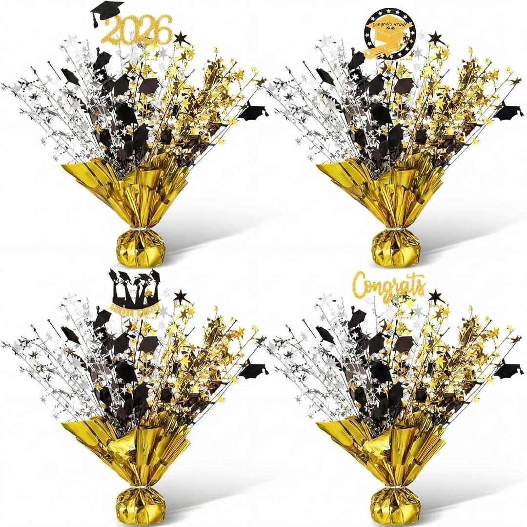 4 Pcs Graduation Table Centerpieces Metallic Plastic Gleam Burst Centerpiece Black Gold Graduation Cap Glitter Foil Centerpiece for 2026 Congrats Grad Party Decoration