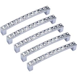 abcGoodefg Modern Decorated Crystal Glass Rhinestone Cabinet Handle Pulls Knobs, 5.3" Length (5" Hole Centers), Clear Silver, Zinc Alloy, 5-Pack