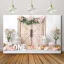 1st Birthday Photography Backdrop Pink Floral Rustic Barn Door Girls One Year Photo Background Farmhouse Flowers Princess Fairy Portrait Cake Table Decorations 71X47inch