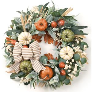 Waipfaru 22in Fall Wreaths for Front Door Outside, Fall Decorations for Home, Large Autumn Wreath with Bow Pumpkin Thanksgiving Halloween Farmhouse Outdoor Porch Table Kitchen Indoor Harvest Decor (Green)