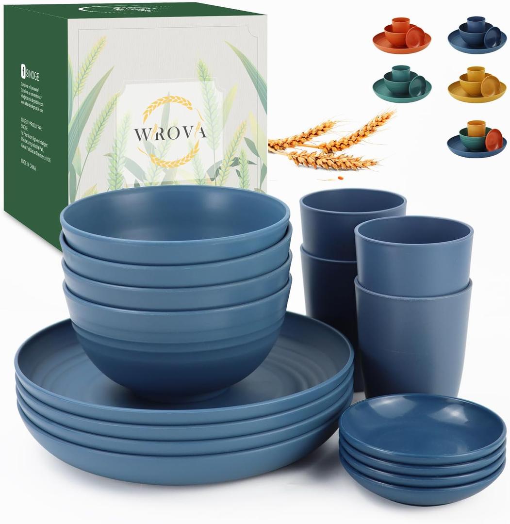 Wheat Straw Plates and Bowls Sets of 16 - Unbreakable Wheat Straw Dinnerware Sets for Camping - Alternative Plastic Dinnerware Set Service for 4 - Microwave Safe and Dishwasher Safe Bowls, Blue