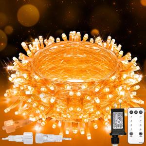 suddus Orange String Lights Outdoor with Remote, 33ft 100 LED Connectable Waterproof Halloween Lights Plug in, Dimmable Clear Wire Fairy Lights for Fall,Thanksgiving, Party, Garden, Porch, Dorm Decor