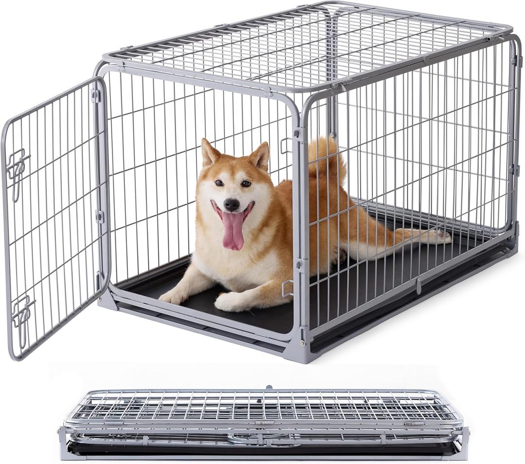ZOMISIA Collapsible Dog Crate for Medium Dogs - 36 inch Escape Proof Metal Dog Kennel with Double Door, Easy Assembly Foldable Dog Cage with Removable Tray, Indoor Outdoor Use, Silver Gray