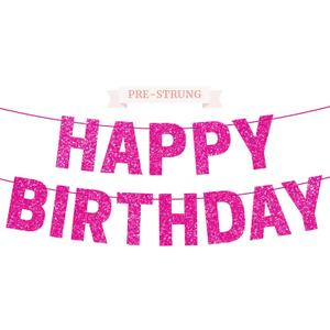 Pre-strung Happy Birthday Banner - No DIY - Hot Pink Glitter Happy Birthday Party Banner for Girls & Women - Pre-strung on 8 ft Strands - Hot Pink Bday Party Decorations & Decor. Did We Mention No DIY