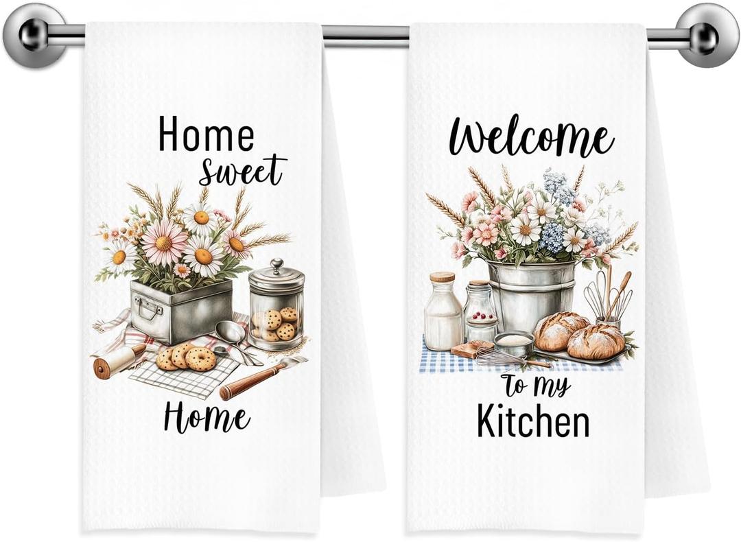 Rustic Farmhouse Floral Kitchen Towels, Housewarming Gifts for Women, Home Sweet Home House Warming Decorative Dish Tea Hand Towels for Kitchen, 16x24 Inch Set of 2