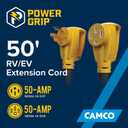 Camco Power Grip 50-Ft 50 Amp RV Extension Cord - Rated for 125/250 V/12,500 W - Features Copper 6/3 + 8/1-Gauge Wires for Superior Conductivity & Coated w/Heat-Resilient PVC (55199)