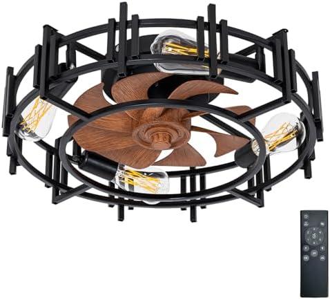 CREATE BRIGHT 20'' Modern Black Caged Ceiling Fans Low Profile Ceiling Fans with Lights and Remote,Timer,6 Speeds Quiet Reversible Dc Motor for Bedroom,Kitchen,Indoor