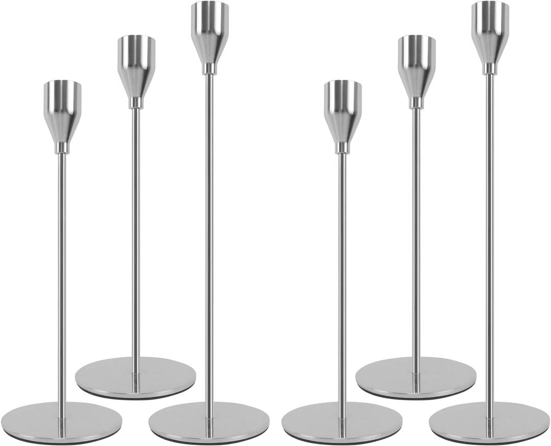 Silver Candlestick Holders Set of 6, Metal Taper Silver Candle Holders, Tall Candle Holder, Fits 2.2cm Thick Candle&Led Candles, for Table Centerpiece, Mantels, Weddings, Dining, Party