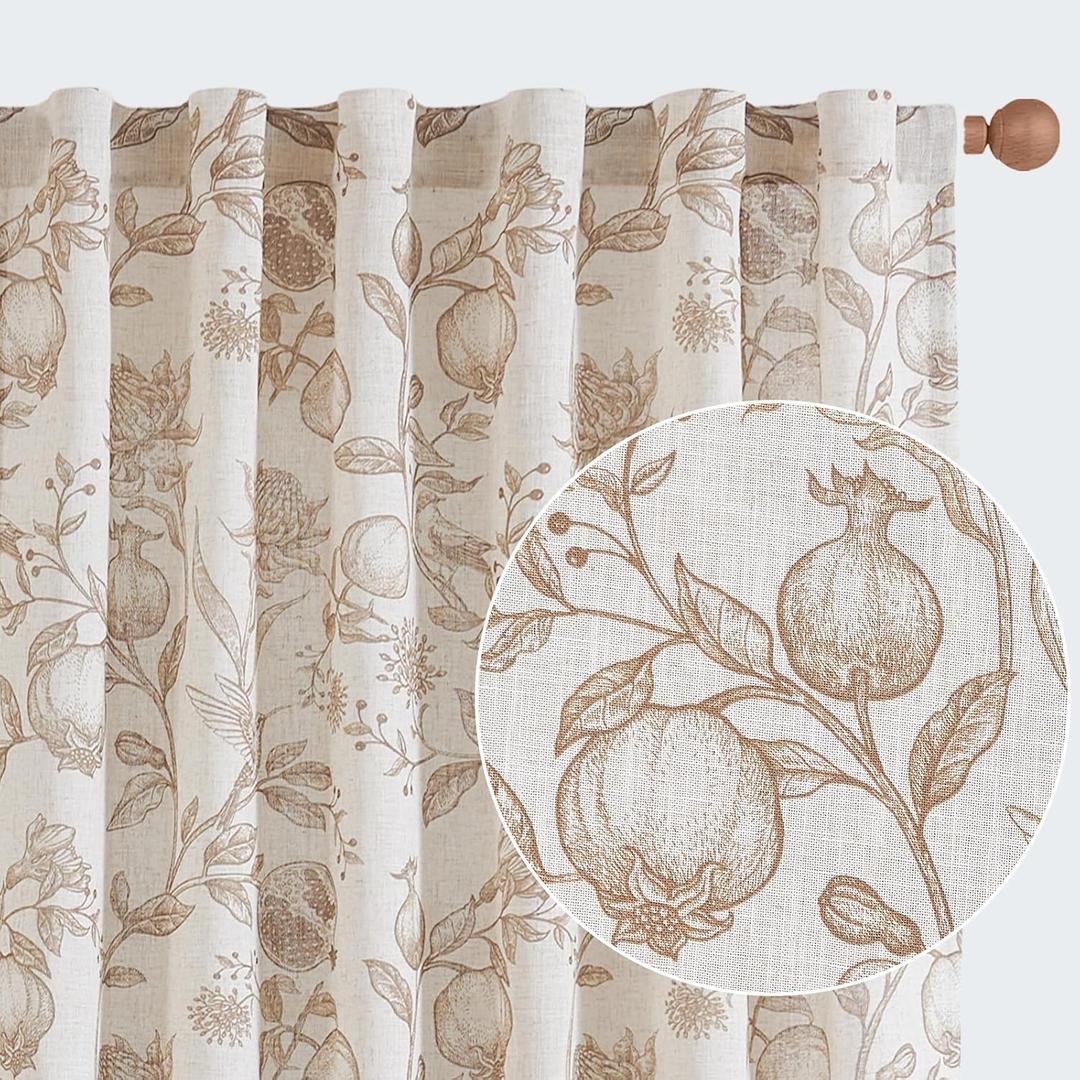 jinchan Linen Curtains Floral Curtain for Living Room 63 Inch Length French Rod Pocket Light Filtering Toile Print Farmhouse Bedroom Curtains Window Drapes Set, 2 Panels, Brown (Floral Tan on Beige)