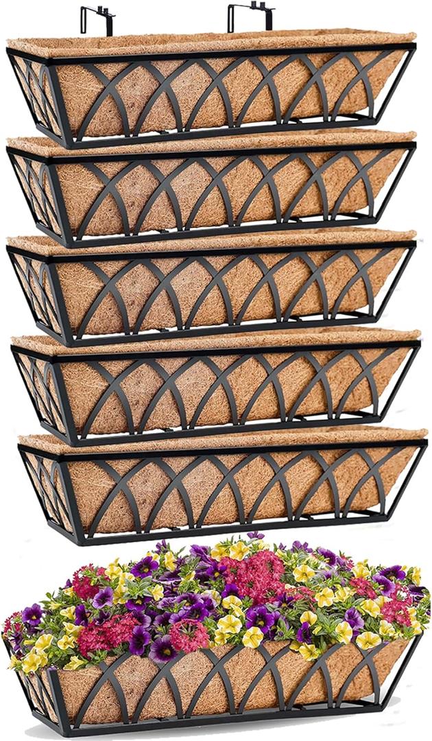 Y&M 24 Inch Window Deck with Coco Liner, Fence Metal Hanging Flower Planter Window Basket Deck Railing Planter Boxes for Outdoor Garden Lawn,6pcs