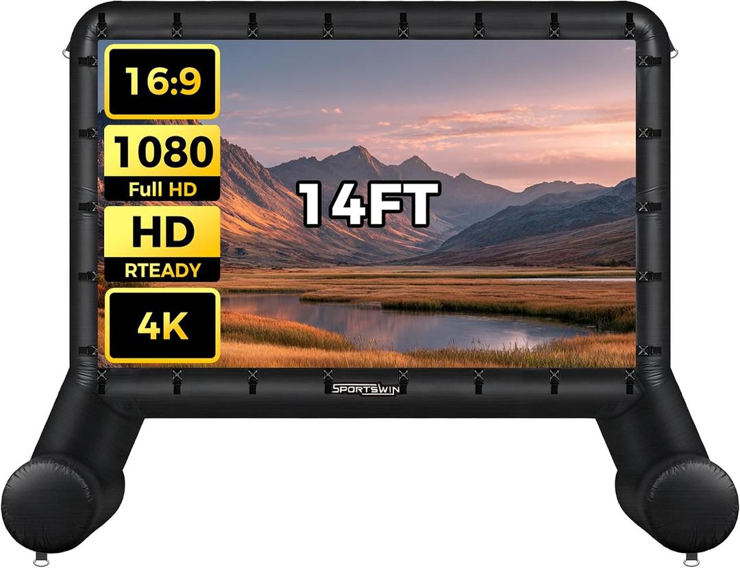 14 FT Inflatable Outdoor Movie Screen, Blow Up Projector Screen Outdoor with Air Blower, Movie Screens for Backyard with One Piece Design, Front & Rear Projection, Easy Set Up