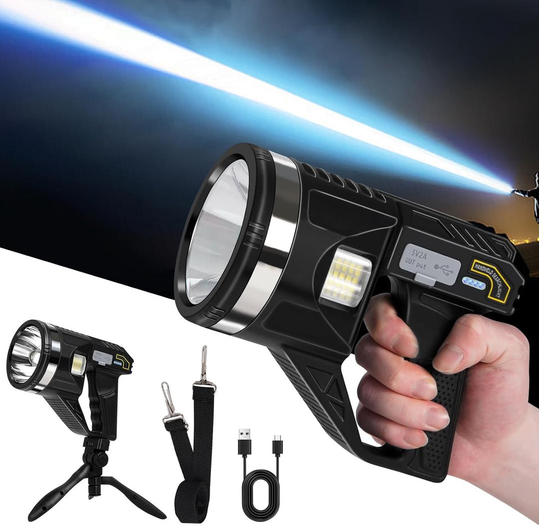Spotlight 1000000 Lumens, 6 Modes Super Bright LED Rechargeable Spotlight Flashlight with Cob Light, Tripod, Strap, 15000mAh 18Hrs IPX7 Waterproof Spot Lights Outdoor Handheld for Boating, L