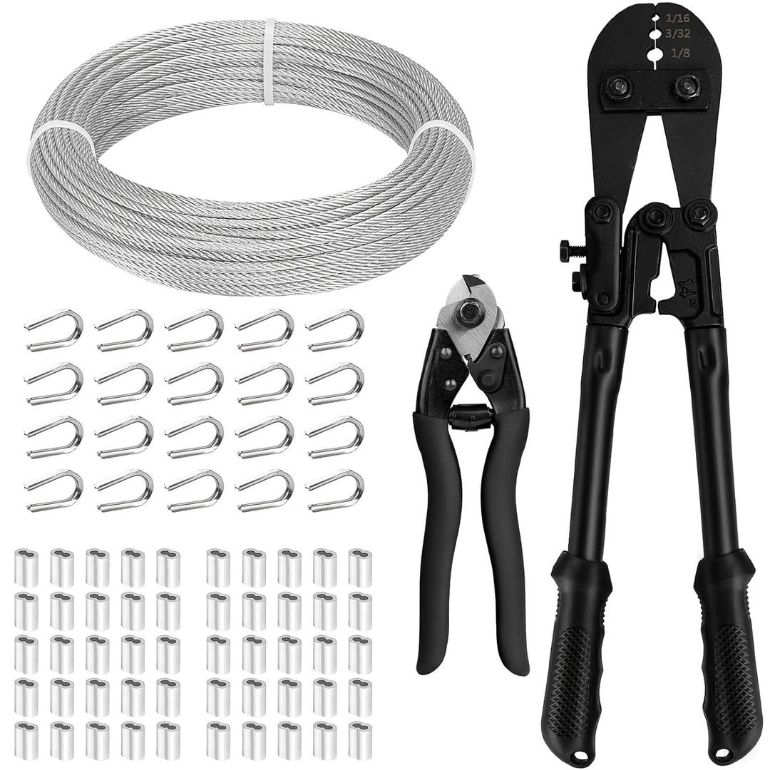 TooTaci 1/8 Stainless Steel Cable, 100ft 1/8 Wire Rope with Wire Rope Crimping Tool and Cutter, 77 Strands Aircraft Cable for Deck Railing, Clothesline, Shade Sails, String Light