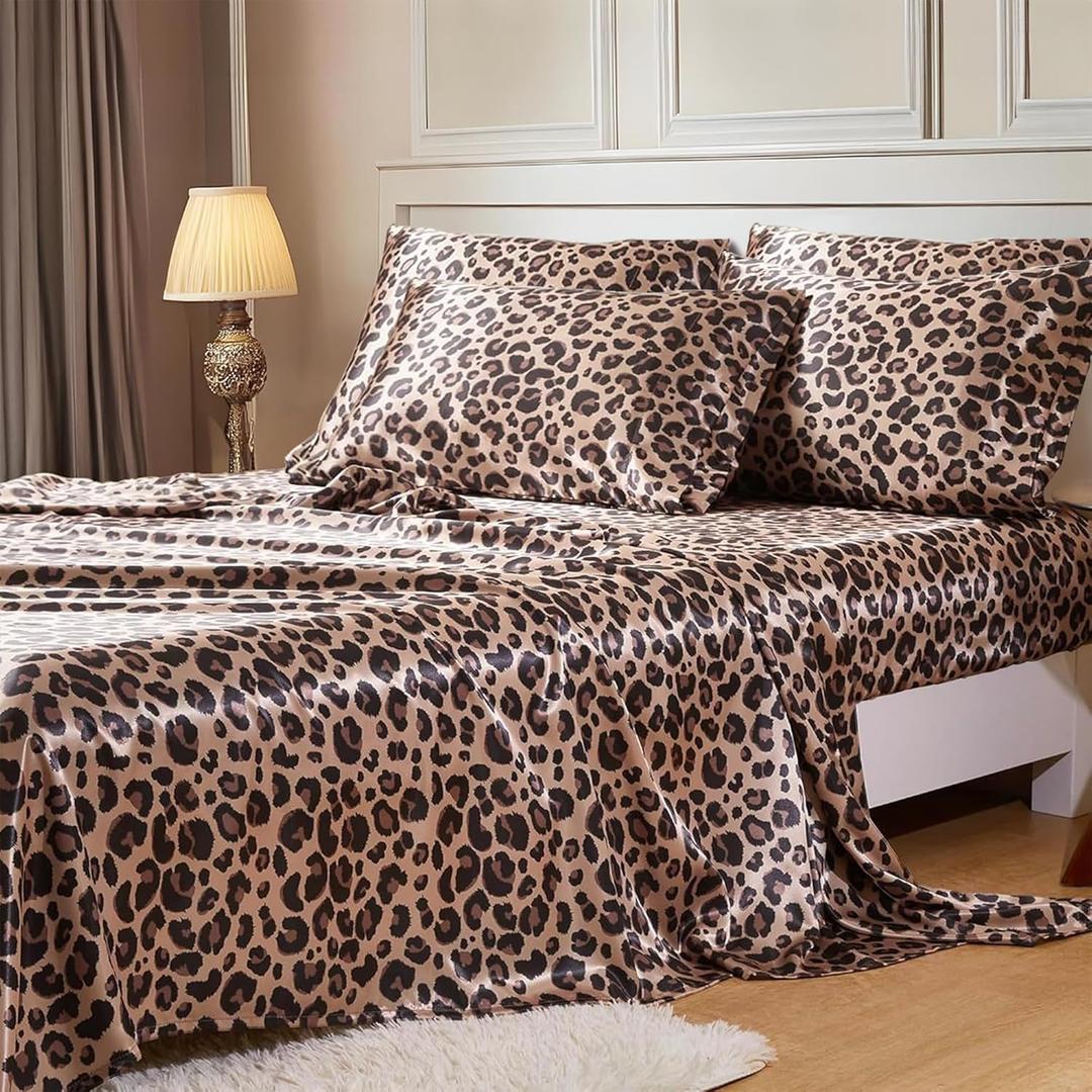 MR&HM Satin Bed Sheets with Elastic Corner Straps, King Size Sheets Set, 6 Pcs Silky Bedding Set with 15 Inches Deep Pocket for Mattress (King, Brown Leopard)