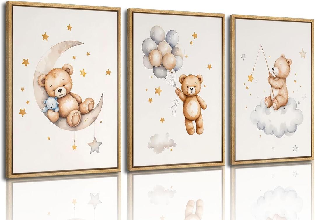 3Pcs Teddy Bear Nursery Wall Art Bear Sleeping on The Moon and Stars Wall Decor Pictures Balloon Cloud Neutral Canvas Poster Prints for Kids Baby Room Kindergarten Home Decoration 12x16in, Unframed