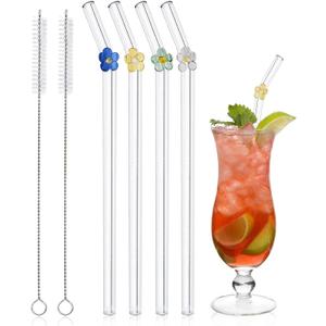 Glass Straws with Colorful Flower Charms 7.87" Borosilicate Drinking Straws, 4 Pcs Reusable Straws with Cleaning Brush Cute Glass Straw for Smoothies, Milkshakes, Juices, Teas