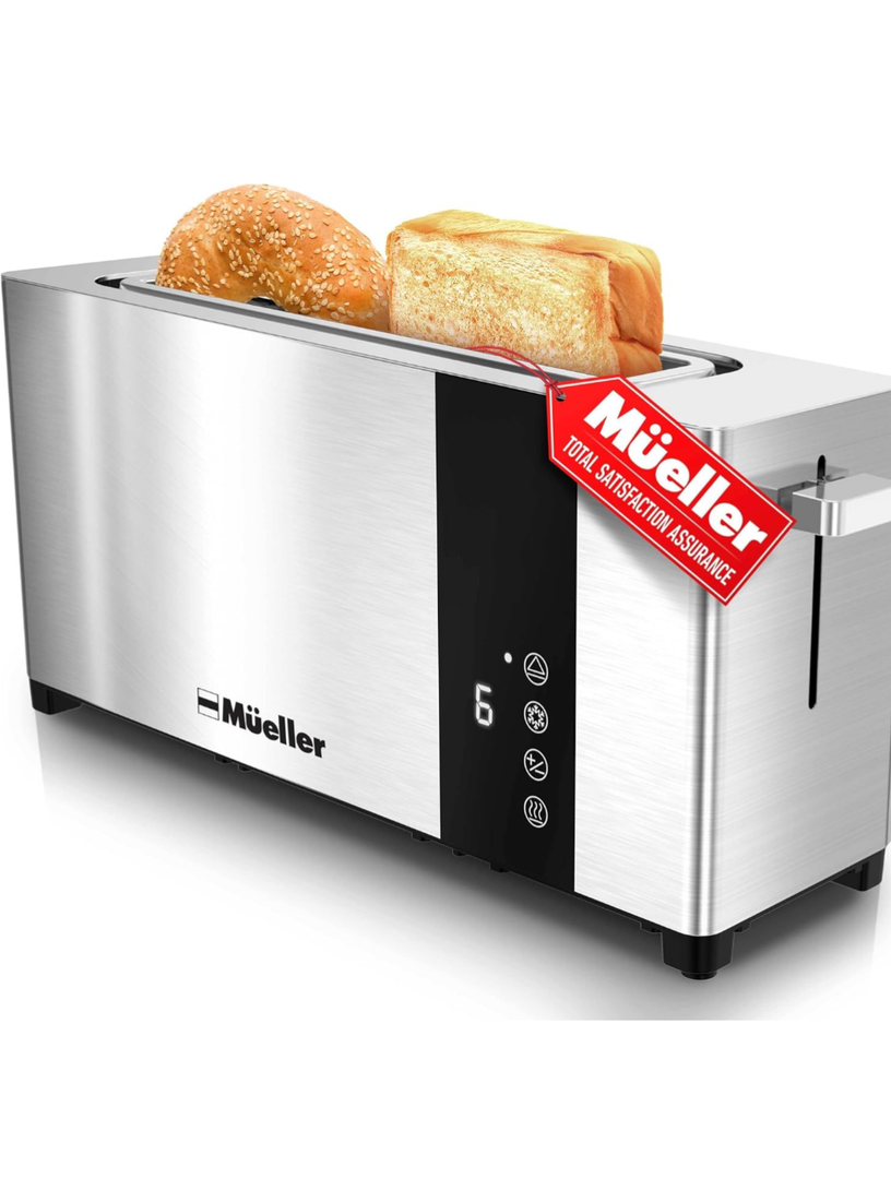 Mueller UltraToast Full Stainless Steel Toaster 2 Slice, Long Extra-Wide Slots with Removable Tray, Cancel/Defrost/Reheat Functions, 6 Browning Levels with LED Display, Housewarming Gifts New Home