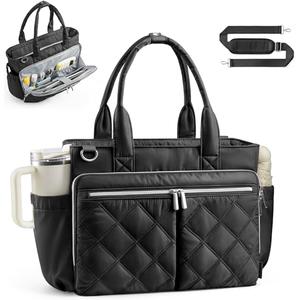 TOPEAST Teacher Tote Bags for Women, Lightweight 15.6 Inch Laptop Work Tote Bag, Quilted Black Nurse Bag with Cup Holder, Shoulder Handbag with Zipper for Office, School, Travel, Diaper