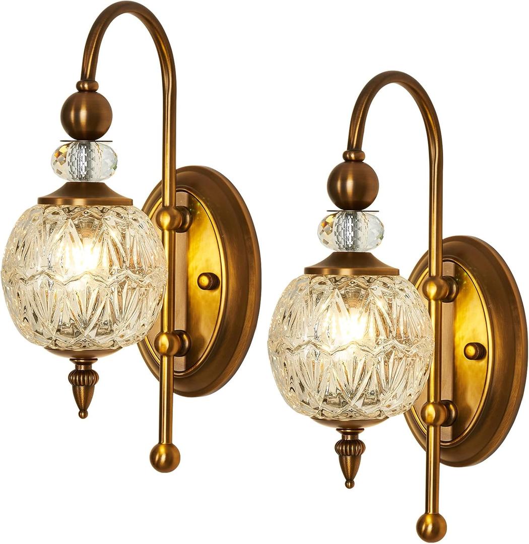 Vintage Gold Wall Sconce Set of Two Mid Century Brushed Brass with Glass Globe Shade Vanity Light Indoor G9 Bulb Wall Light for Bathroom Farmhouse Bedroom Living Room Hallway (2 pack)