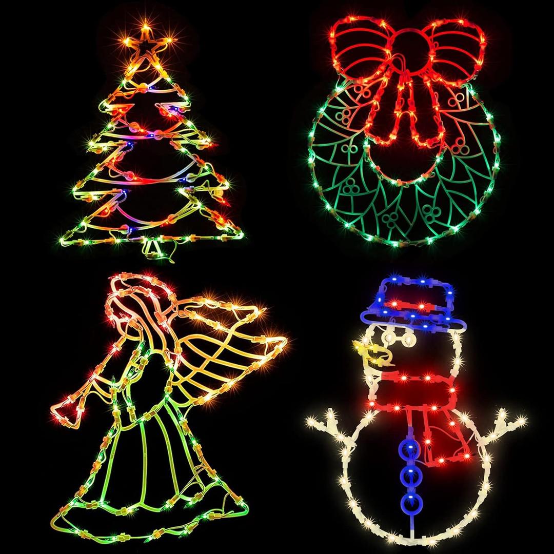 Christmas Window Silhouette Lights Decorations Pack of 4 Lighted Snowman, Trumpeting Angel, Wreath, Christmas Tree Christmas Window Lights with 50 Bulbs for Holiday Indoor Wall Door Glass Decorations