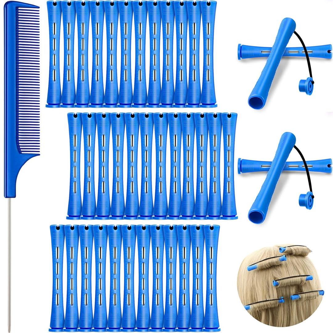 WILLBOND 36 Pieces Cold Wave Rod Hair Perm Rods Hair Rollers Perming Curlers with Steel Rat Tail Comb for Hairdressing Styling (0.35 Inch, Blue)