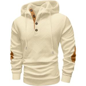 Vssjavun Mens Pullover Hoodie Casual Textured Long Sleeve Half Button Hooded Sweatshirt Beige (S)