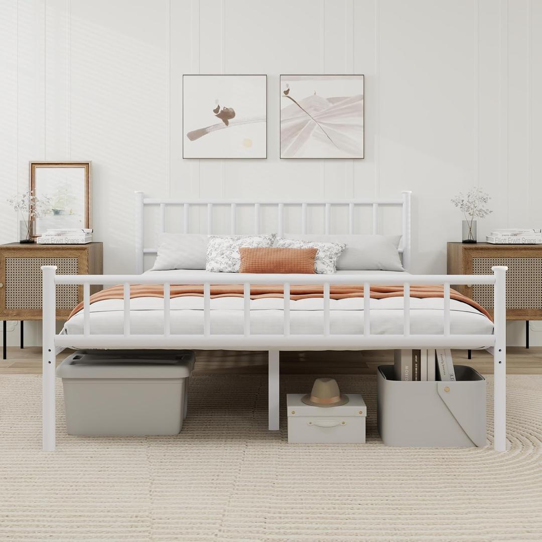 Metal Platform Queen Bed Frame with Headboard Sturdy Steel Slats Support No Box Spring Needed Easy Assembly White