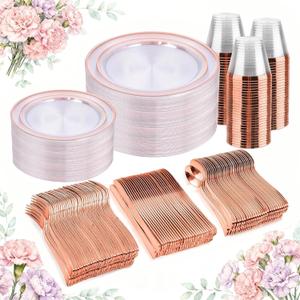BUCLA 300PCS Rose Gold Plastic Dinnerware - Clear Dinnerware Set Disposable Include 50 Dinner Plates,50 Dessert Plates,50 Knives,50 Forks,50 Spoons,50 Cups for Party, Wedding & Mother's Day