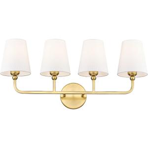 Bathroom Light Fixtures, 4 Light Brushed Gold Vanity Lights with Flared White Fabric Shade, 28 Inch Wall Sconce, Modern Sconces Wall Lighting for Hallway Bedroom, VL837-BG-4