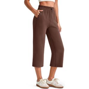 G4Free Smoofit Wide Leg Capri Pants for Women Adjustable Shockcord High Waist Summer Travel Casual Pants with Pockets (Brown, M)
