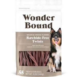 Wonder Bound Bacon & Cheese Flavor Dog Twist Sticks - 55 Count - Rawhide-Free Dog Treats, Dental Health Chews for Plaque & Tartar Control, Easy to Digest, Long-Lasting. BBD 05/MAY/2027