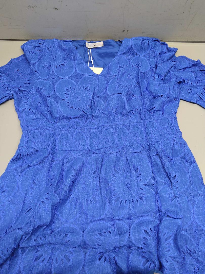 Women's Long Puff Sleeve Floral Maxi Dress V Neck Lace Eyelet Hollow Out A Line Flowy Boho Spring Wedding Guest Party Dresses (Medium, Light Blue)