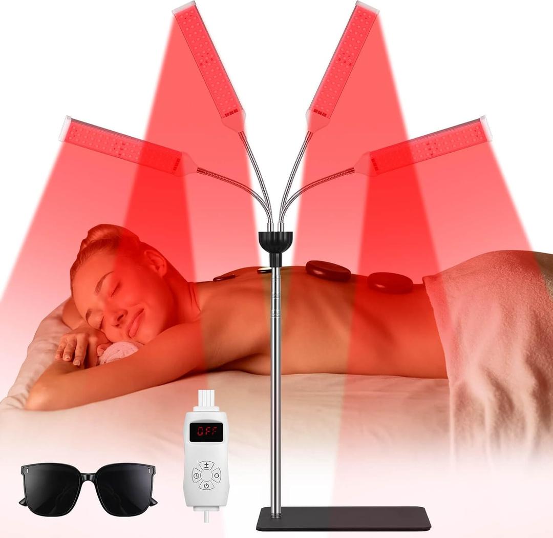 3 in 1 Red Light Therapy Deep 660nm,850nm and 940nm Near Infrared Led Red Light with 30-64" Adjustable Height Therapy Lamp for Body, Face,Muscle,Skin,Red Infrared Light with 4 Head (Black)