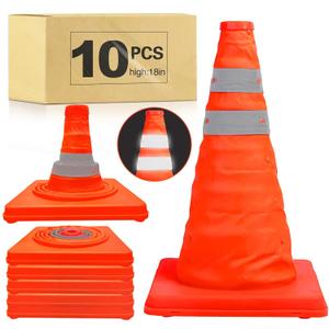 TENKAIWICK 18 Inch 10 Pack Traffic Cones, Collapsible Safety Cones, Multi Purpose Pop-up Cones with Reflective Collar, Orange Cones for Parking lot, Driveway, Driving Training etc
