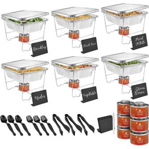 Disposable Chafing Dish Buffet Set, 46 Pcs Disposable Food Warmers For Parties Buffet, Catering Supplies Buffet Display Set Incl. Wire Racks, Chalkboards, Fuel Cans, Pans, Serving Utensils, Covers.