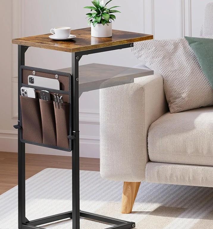Vagusicc C Shaped End Table, 33"Tall Side Table for Couch, Adjustable Height Sofa Table Small Couch Side Tables, Slide Under Recliner TV Tray Arm Tables with Metal Frame for Living Room,Bedroom,Brown