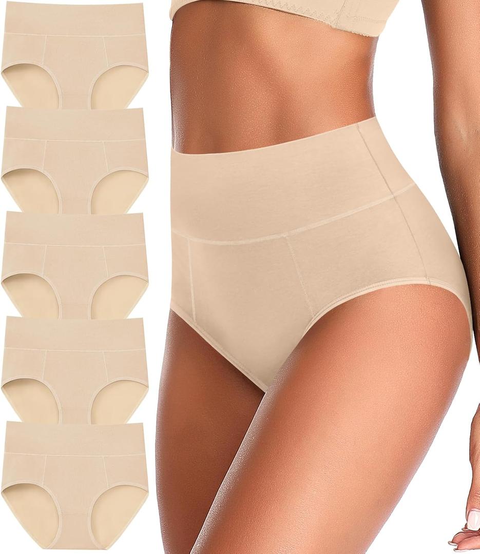 ASIMOON Tummy Control High Waisted Underwear for Women Cotton Plus Size Full Coverage Panties Ladies Briefs (X-Large, Beige-5 Pack)