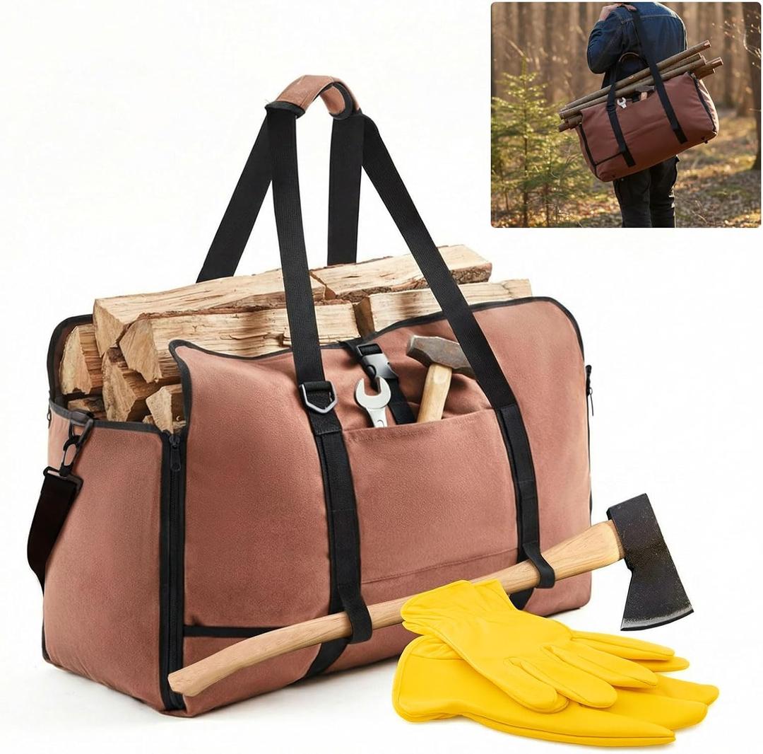 LemonRoad Firewood Log Carrier Bag Extra Large Waxed Canvas Tote Holder with Sheepskin Gloves for Hay Hauling Outdoor Camping, BBQ Barbecue