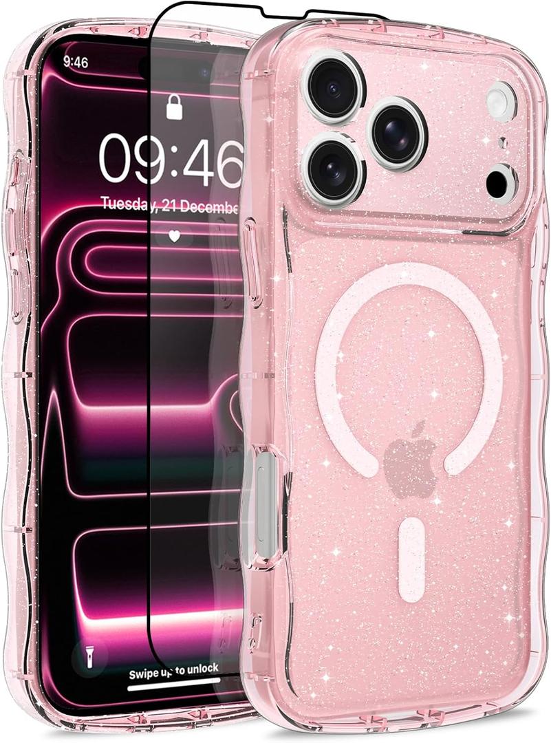 MOWIME Magnetic Case for iPhone 17 Pro Max [Compatible with Magsafe] [Cute Wave Glitter Design] [1 Screen Protector] Slim Soft TPU Clear Bling Case for iPhone 17 Pro Max 6.9" 2025, Pink